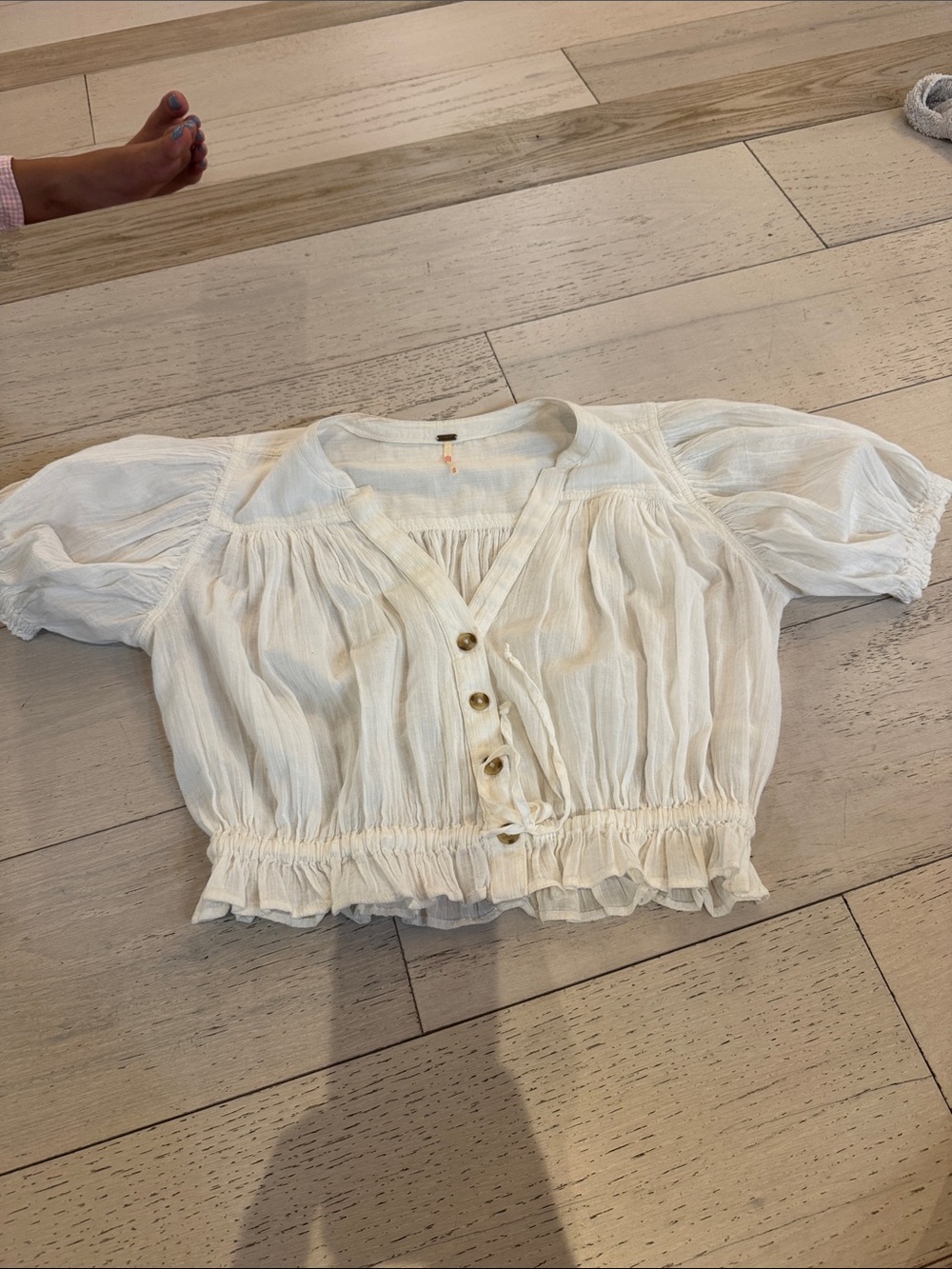 Free People Cream Ruffled Crop Button Front Blouse